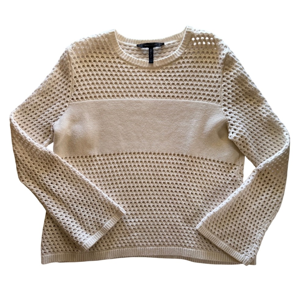 BCBGMAXAZRIA | Joeli Mesh Pullover Crew‎ Sweater Cream Crochet Bell Sleeve Large